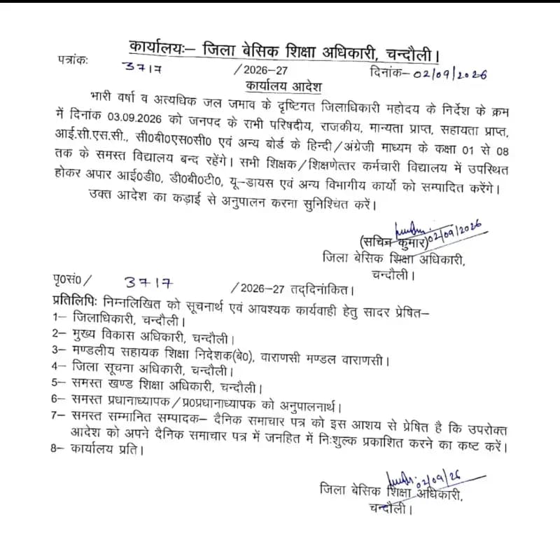 बारिश के चलते 3 सितंबर को कक्षा 1 से 8 तक के सभी स्कूल बंद